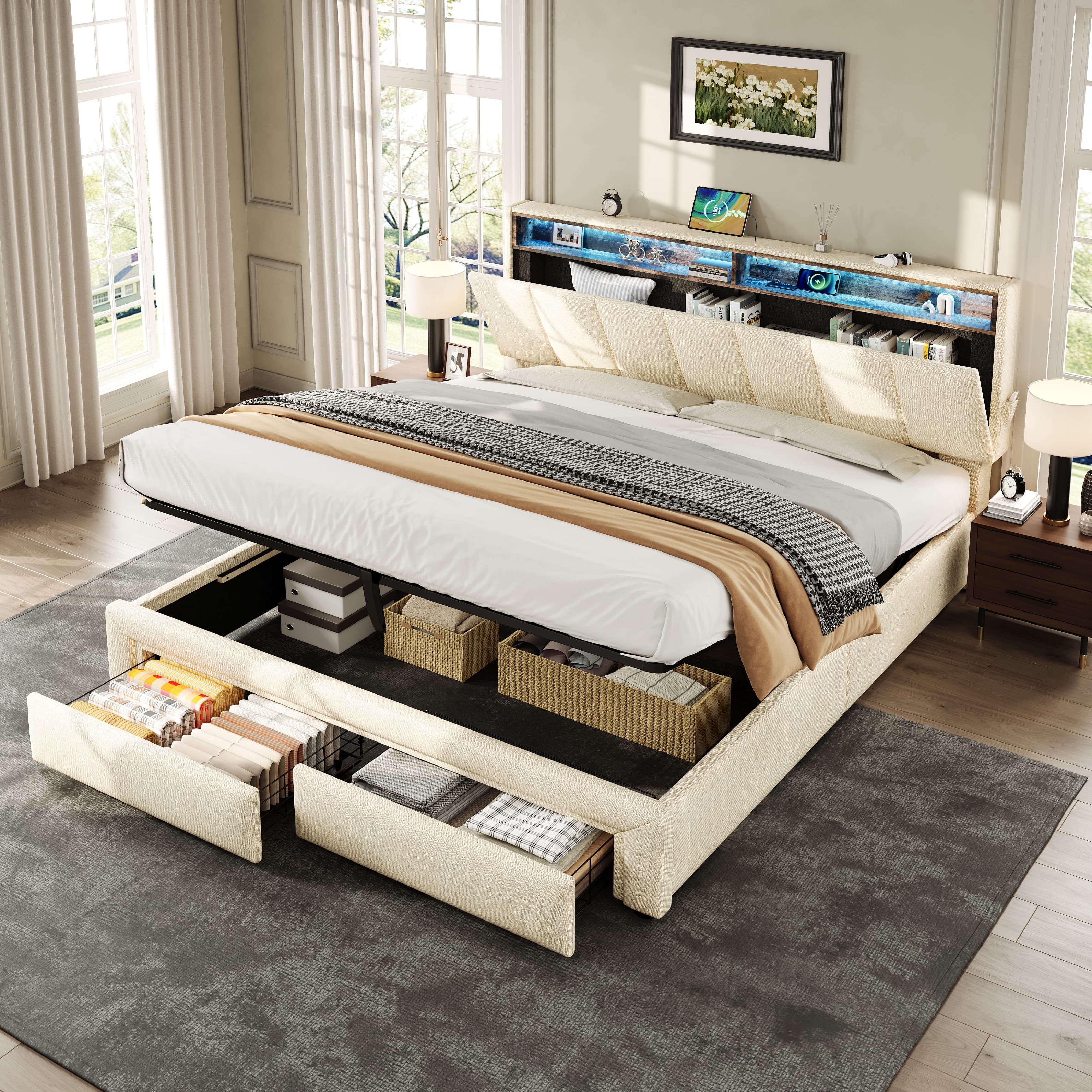 King Upholstered Bed with Hydraulic Storage, LEDs & Charging - image 4
