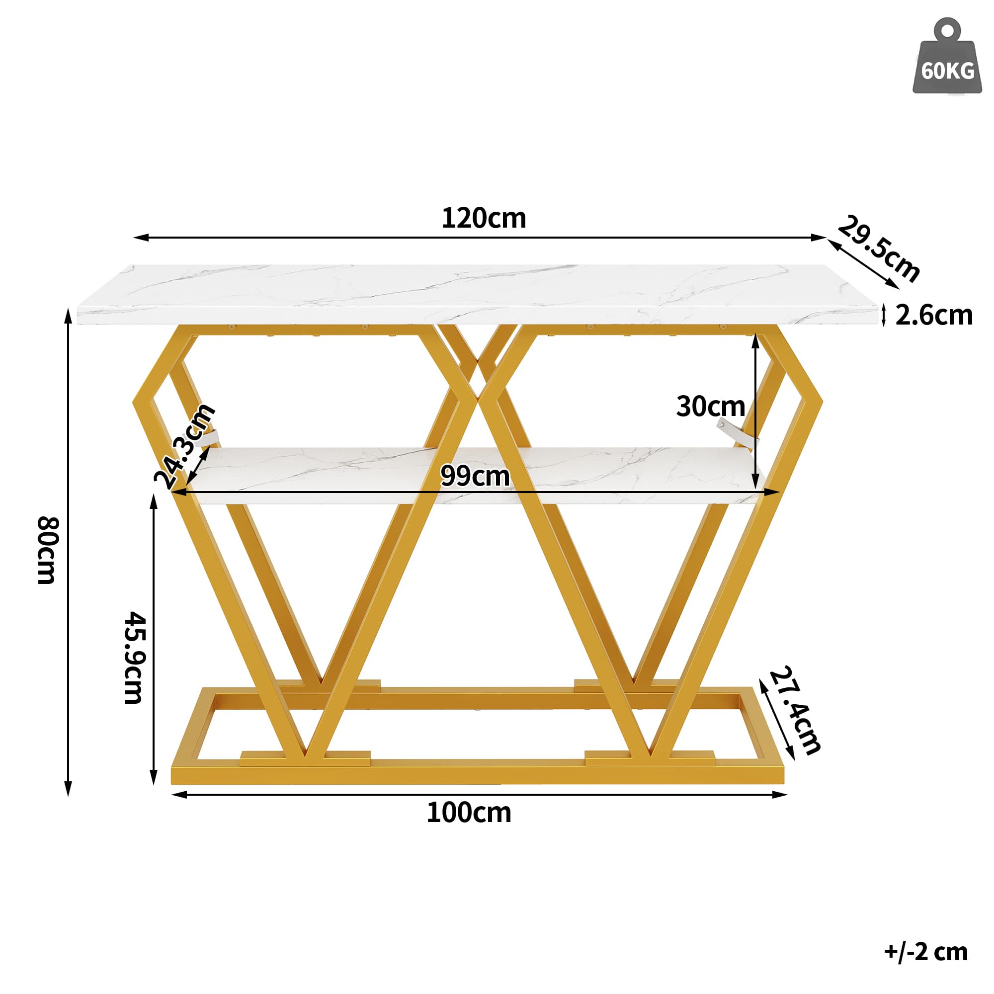 Slim Marble Effect Console Table with Gold Frame & Shelf - image 2
