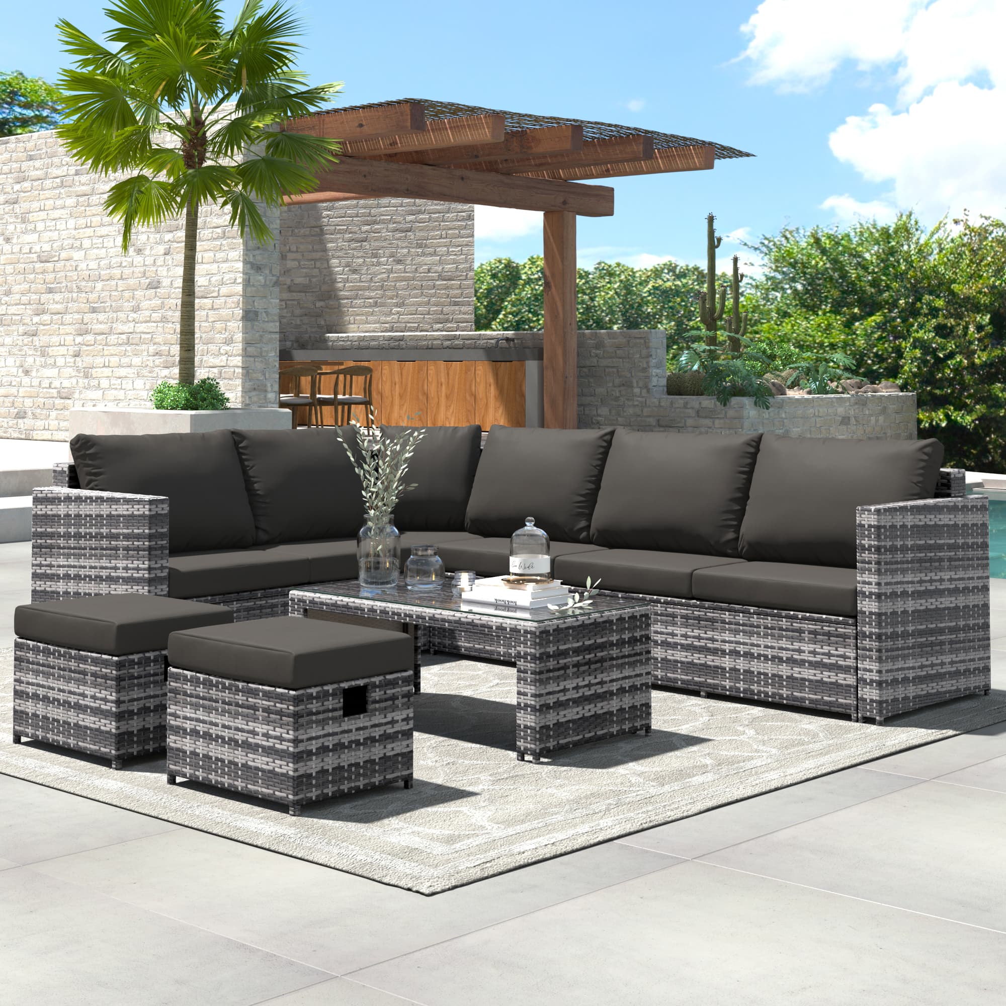 Grey Rattan Garden Corner Sofa Set with Coffee Table and 2 Ottoman Stools - image 6