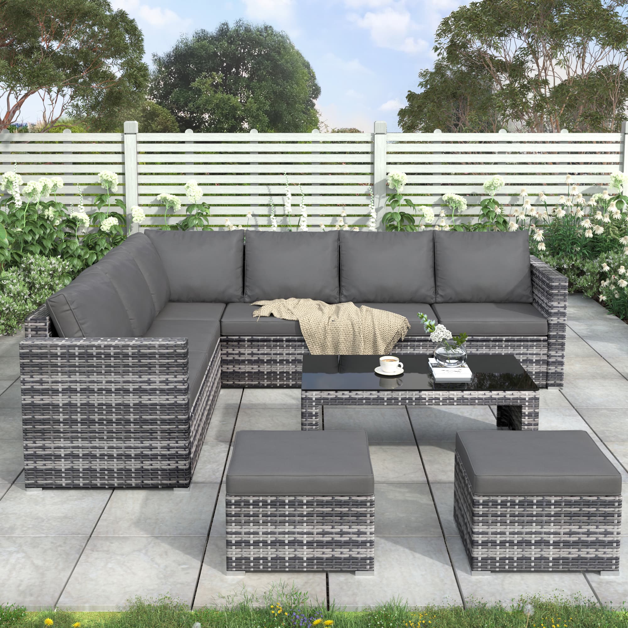Grey Rattan Garden Corner Sofa Set with Coffee Table and 2 Ottoman Stools - image 9