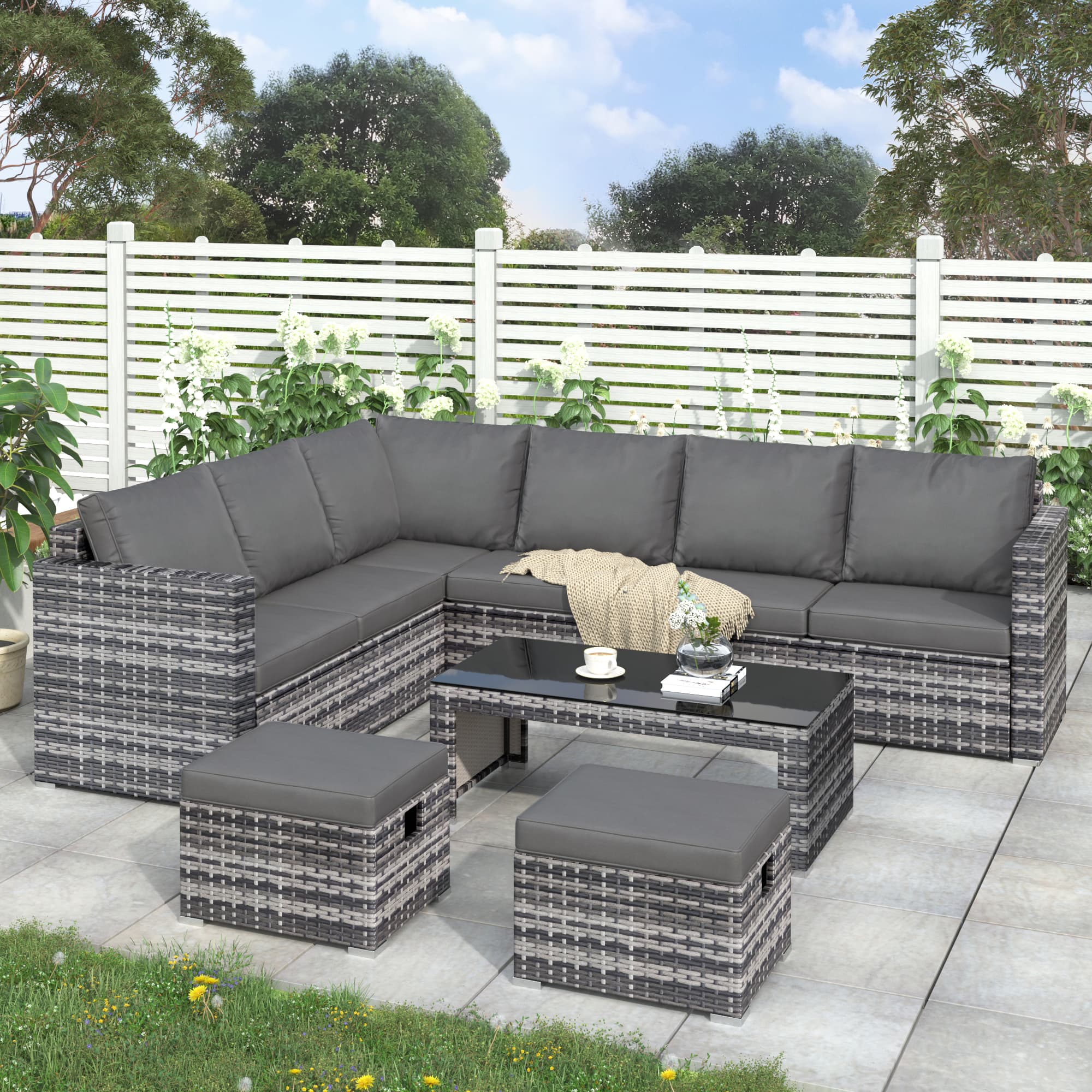 Grey Rattan Garden Corner Sofa Set with Coffee Table and 2 Ottoman Stools - image 7