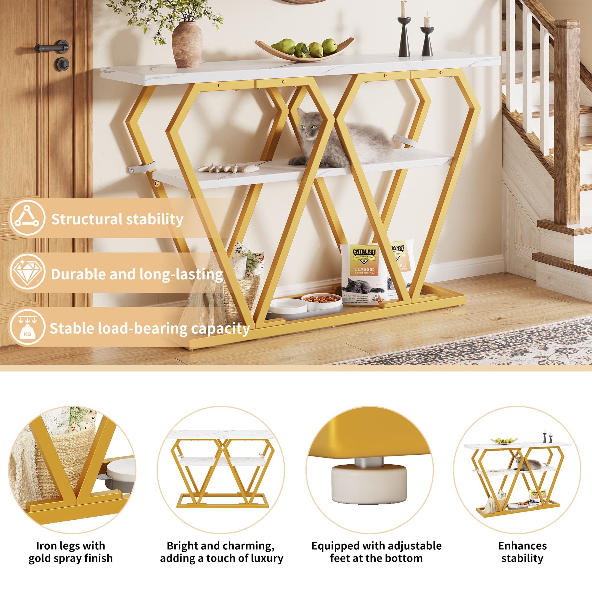 Slim Marble Effect Console Table with Gold Frame & Shelf - image 1