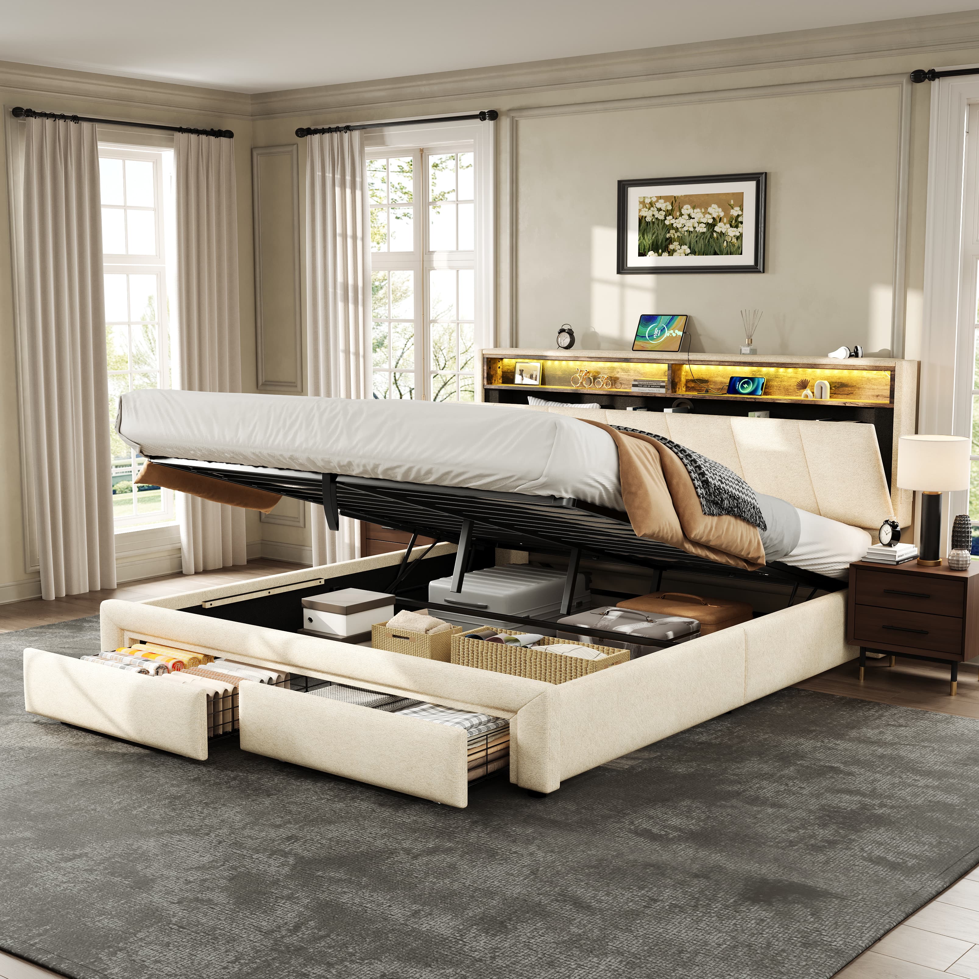 King Upholstered Bed with Hydraulic Storage, LEDs & Charging - image 1