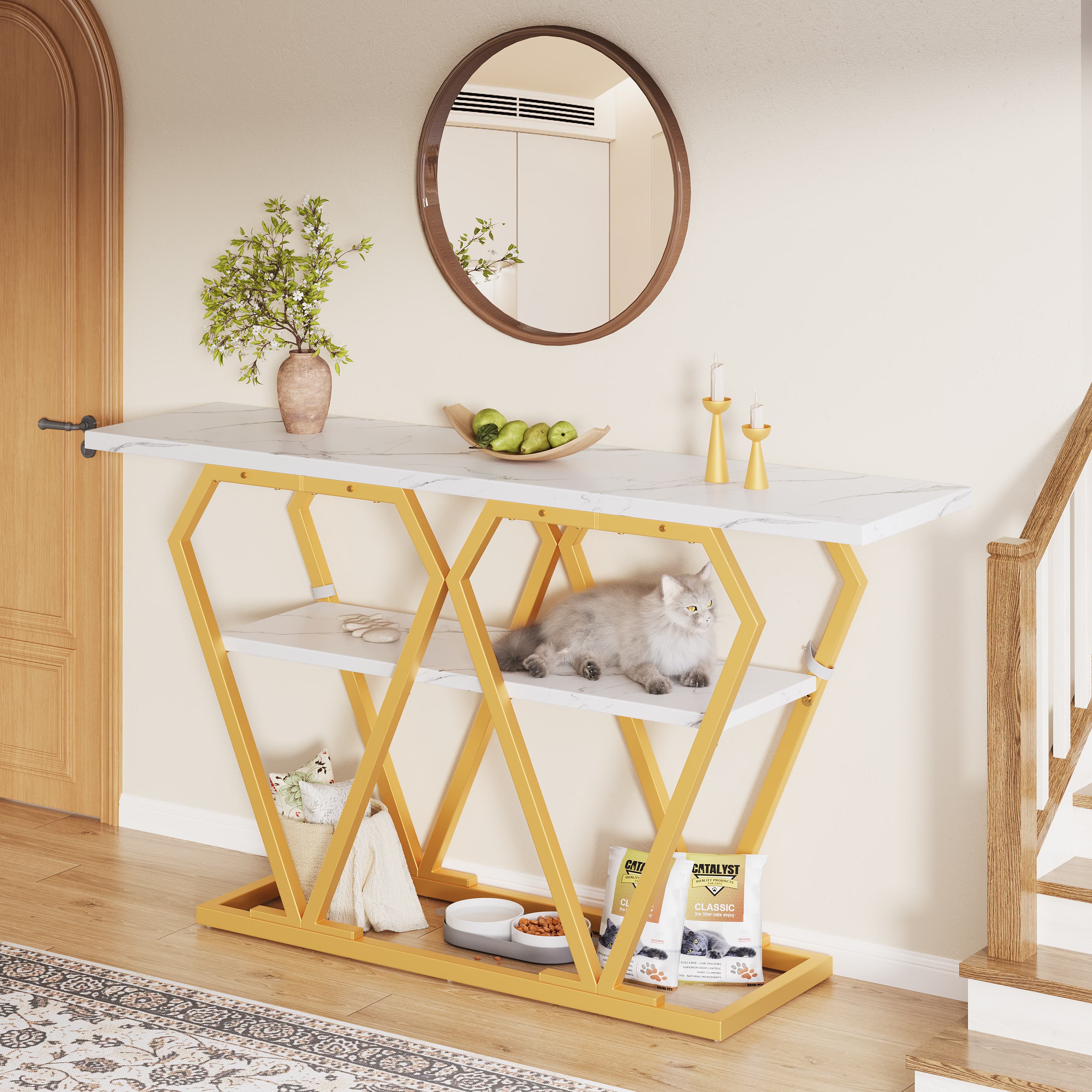 Slim Marble Effect Console Table with Gold Frame & Shelf - image 3