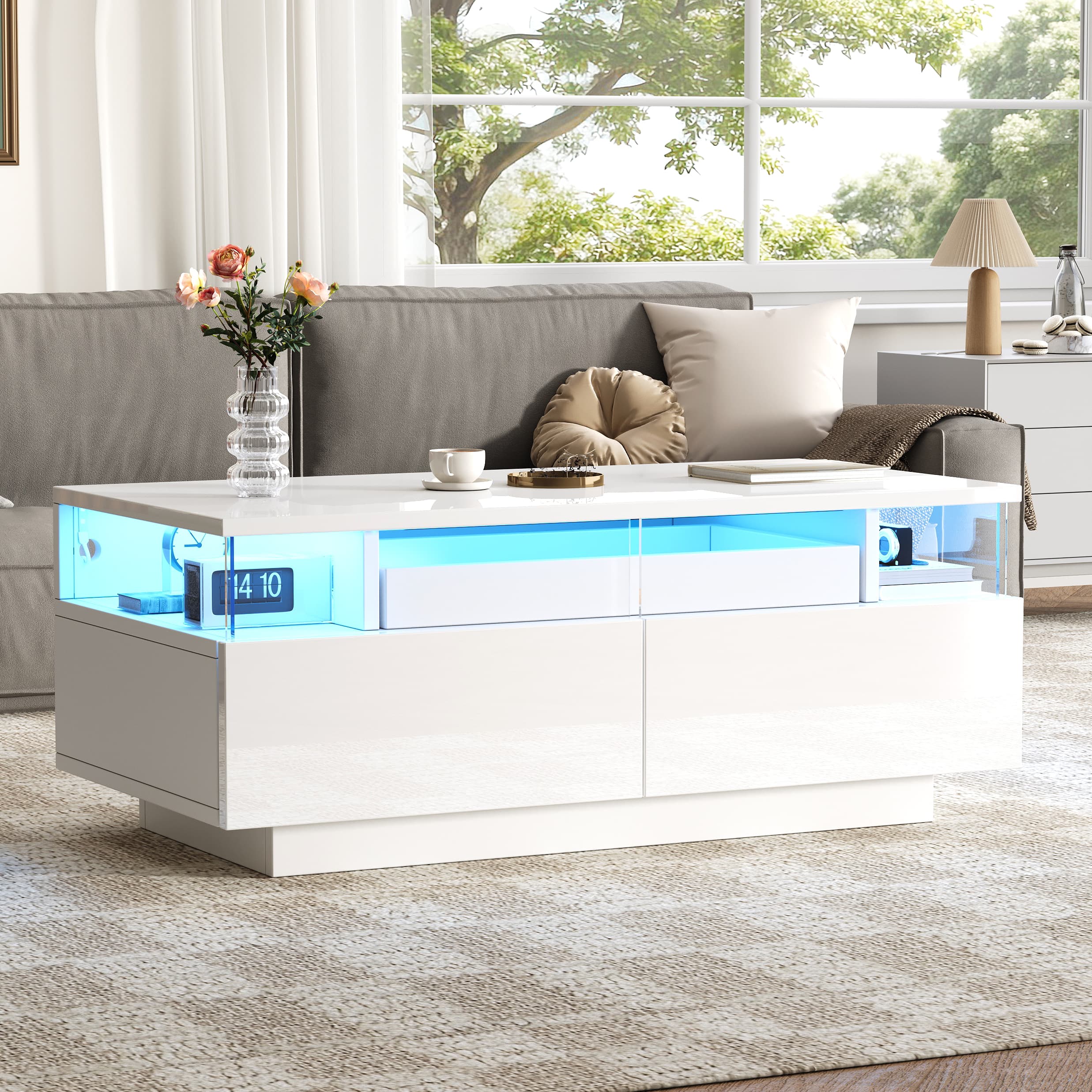 Modern High Gloss Coffee Table with LED Lighting & 2 Drawers - image 4