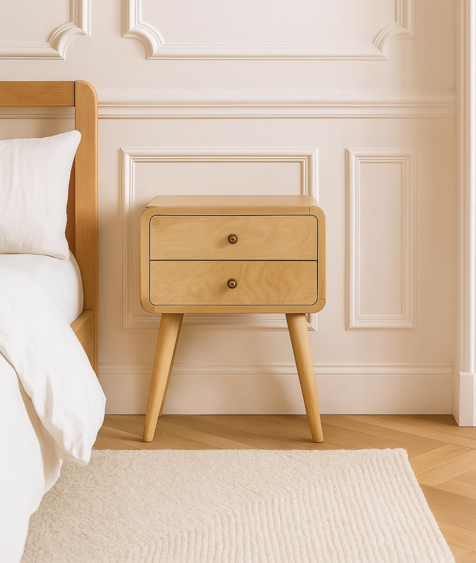 Transform Your Bedroom with this Curved Solid Wood Bedside Table - Brown