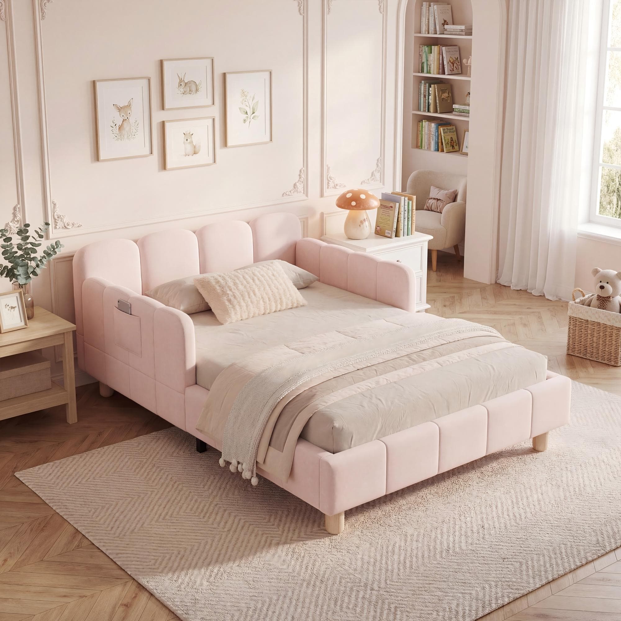 Upholstered Pink Velvet Single Bed with Safety Rail | 90x190cm - image 5