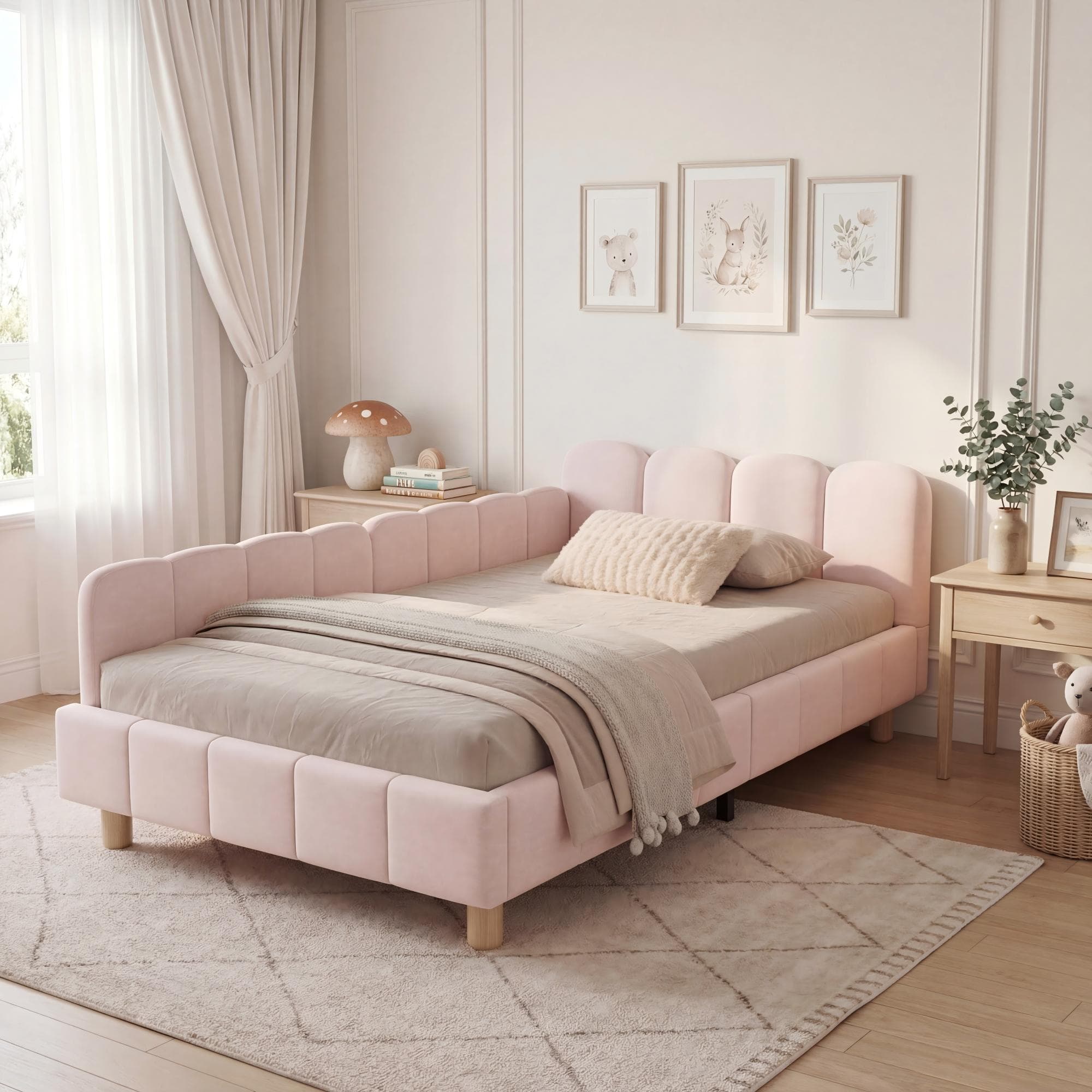 Upholstered Pink Velvet Single Bed with Safety Rail | 90x190cm - image 2