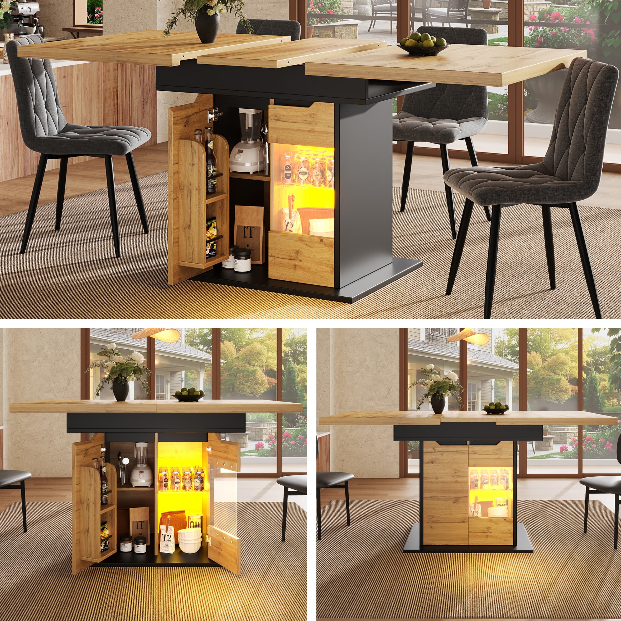 Transform Your Dining Space with an Extendable Table & LED Light - Black