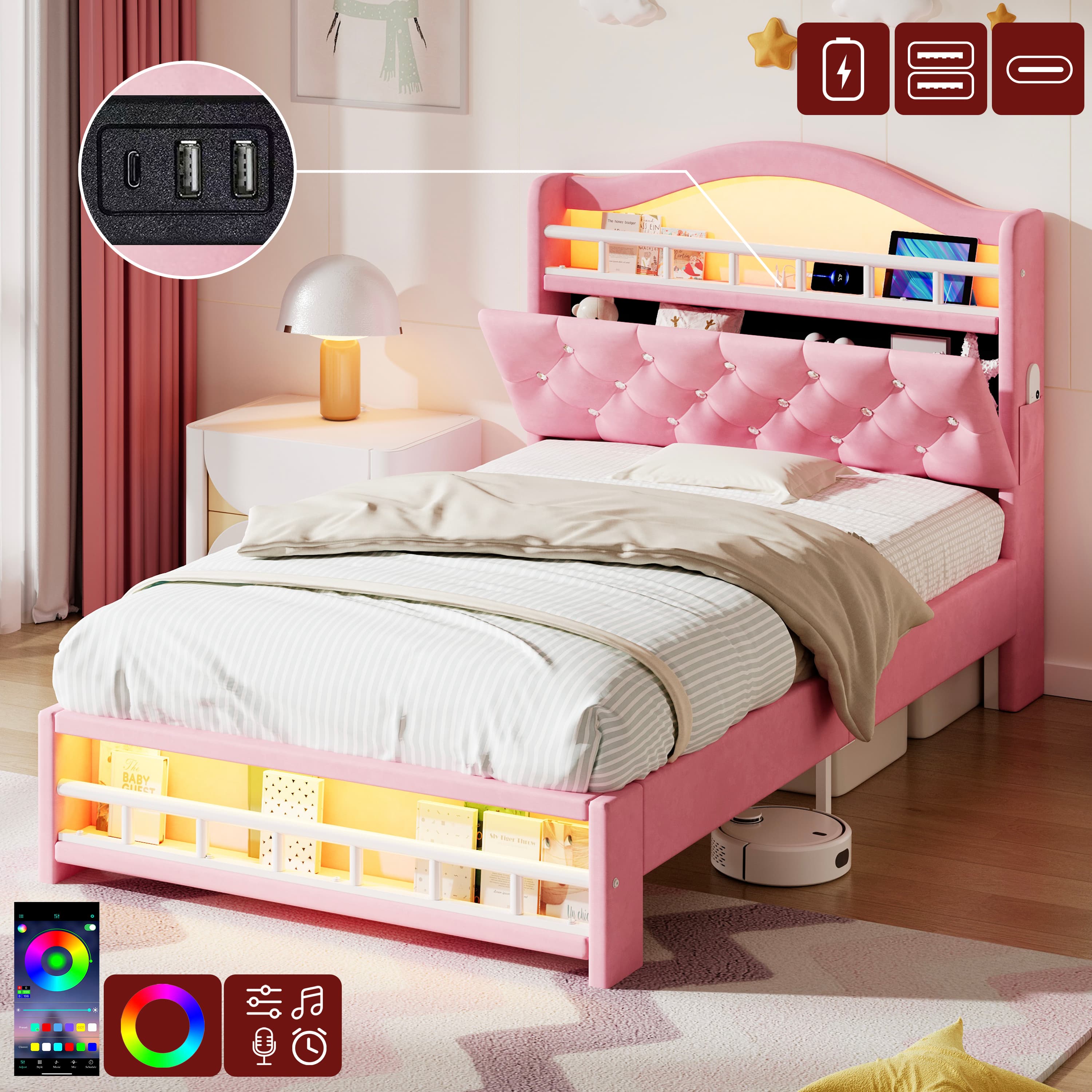 Pink Velvet Bed with Smart Storage & Ambient LED Lighting - Pink