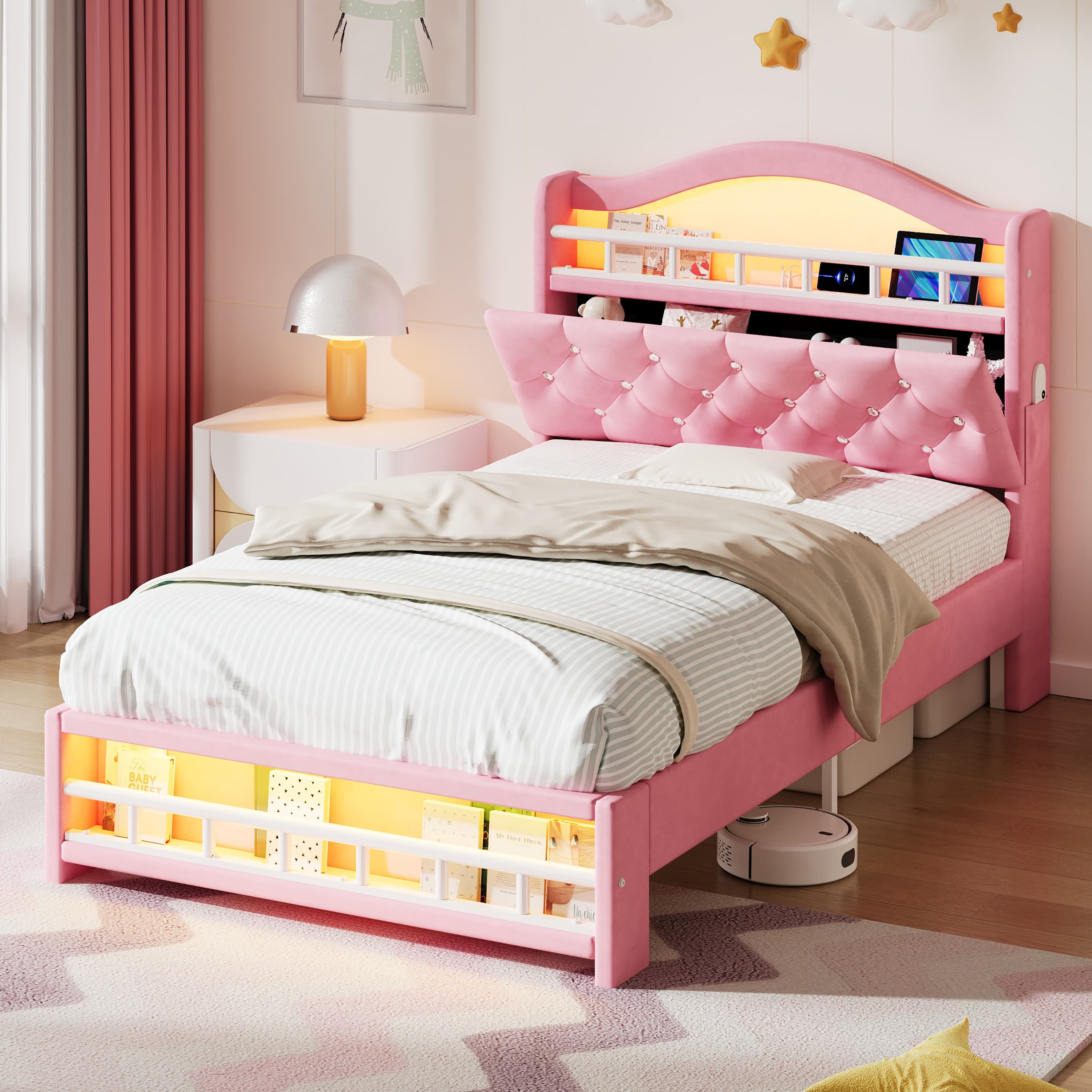 Pink Velvet Bed with Smart Storage & Ambient LED Lighting - image 3