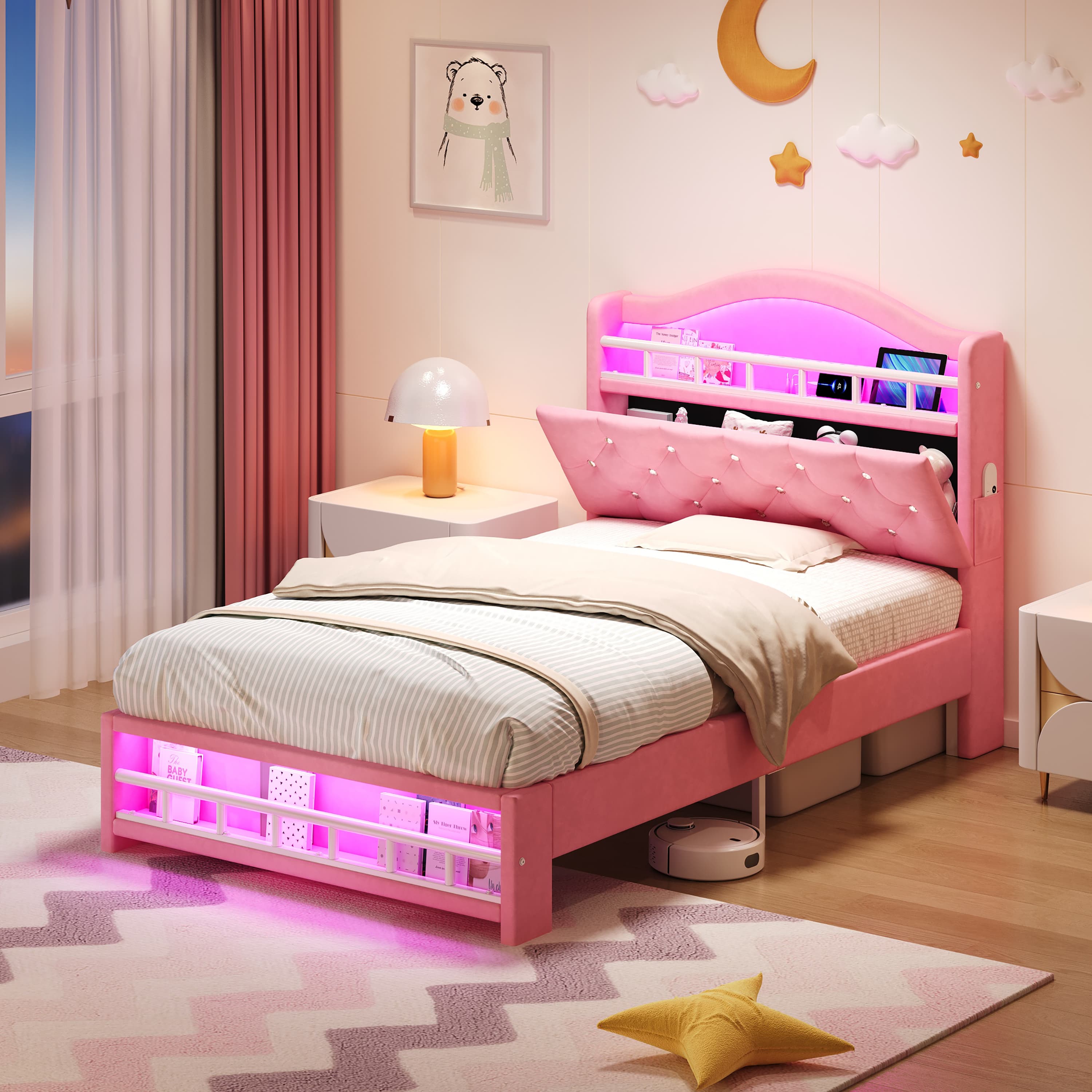 Pink Velvet Bed with Smart Storage & Ambient LED Lighting - image 4