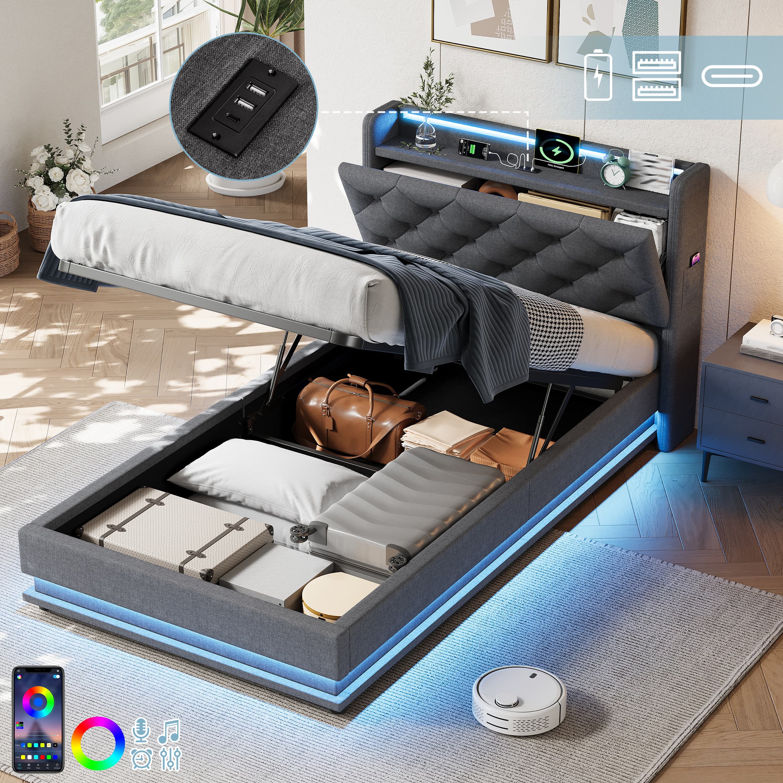 The Smart Single Bed: Storage, Lighting & Charging Combined - Grey