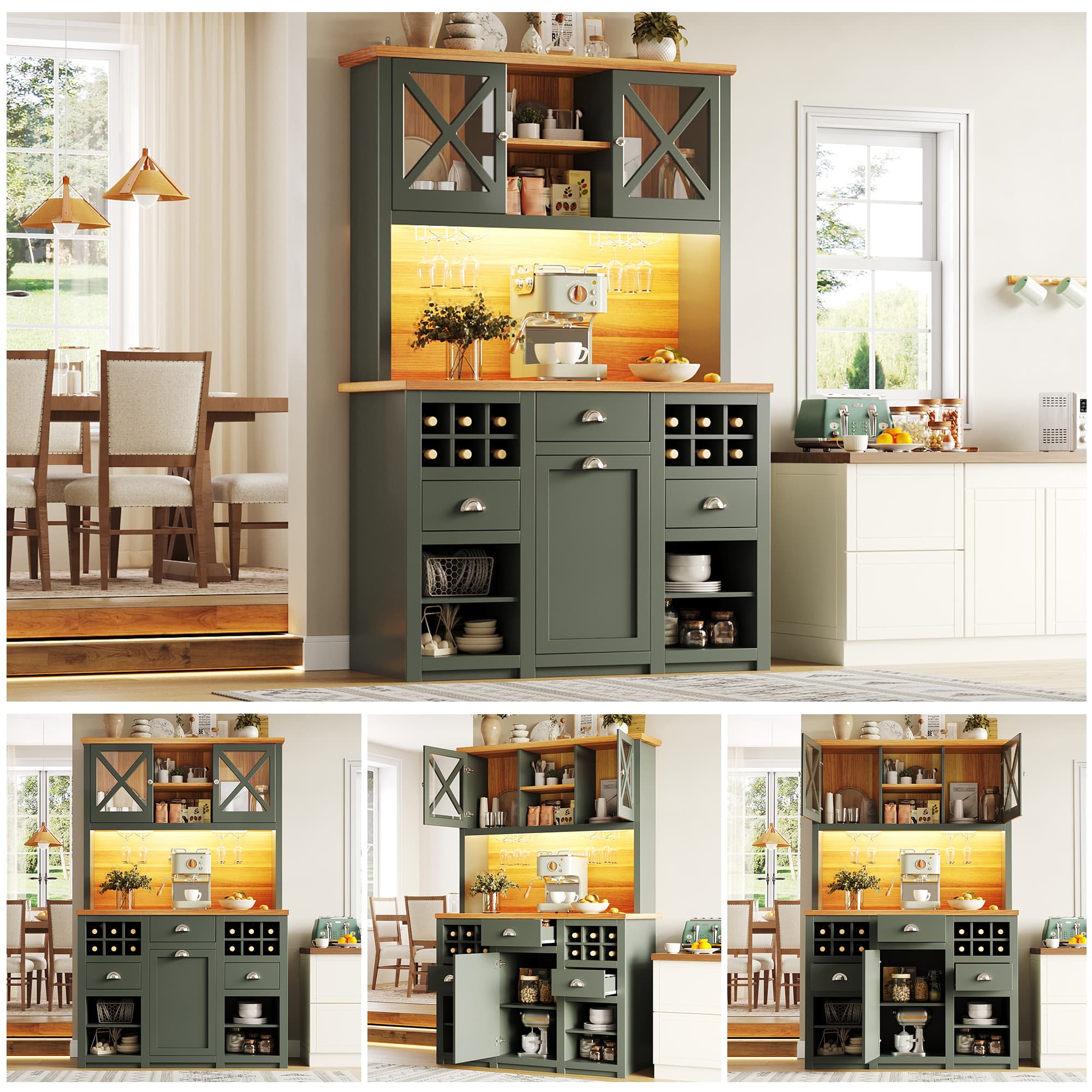 Green Sideboard with Glass Doors, Wine Rack & Power Outlets