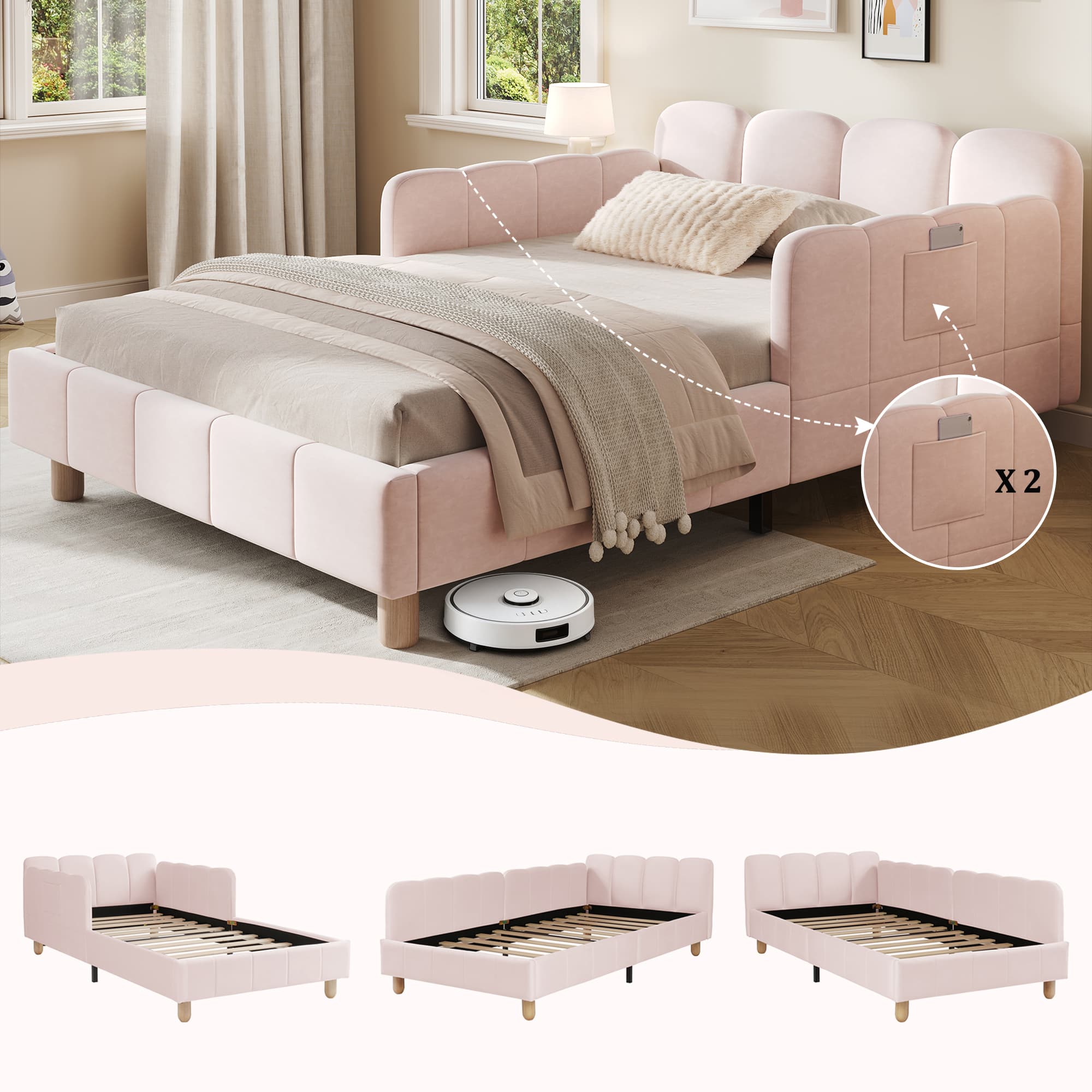 Upholstered Pink Velvet Single Bed with Safety Rail | 90x190cm - image 4