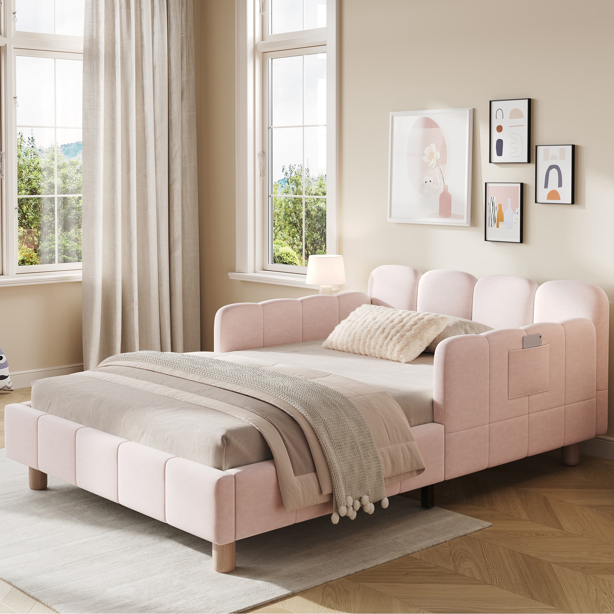 Upholstered Pink Velvet Single Bed with Safety Rail | 90x190cm - Pink