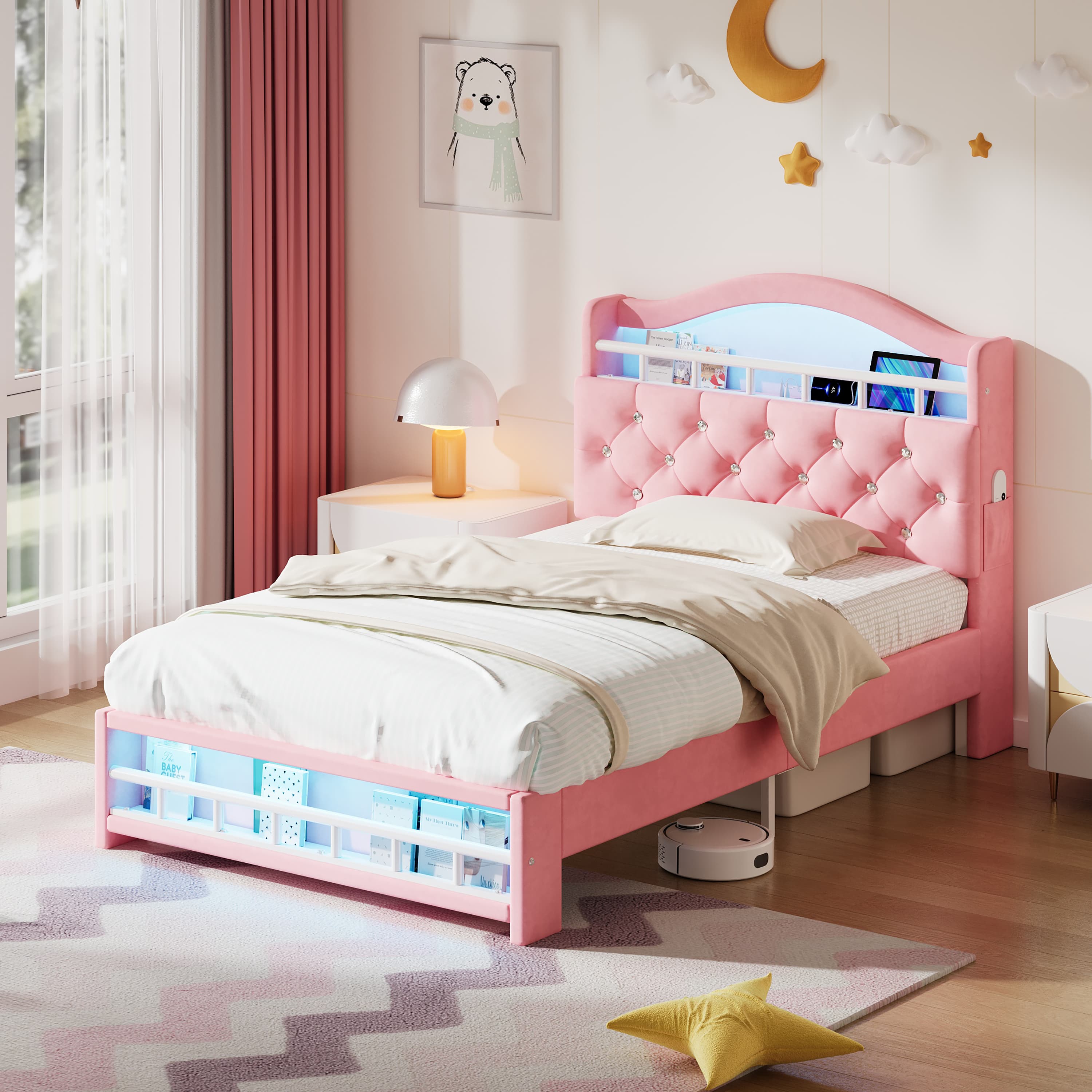 Pink Velvet Bed with Smart Storage & Ambient LED Lighting - image 1