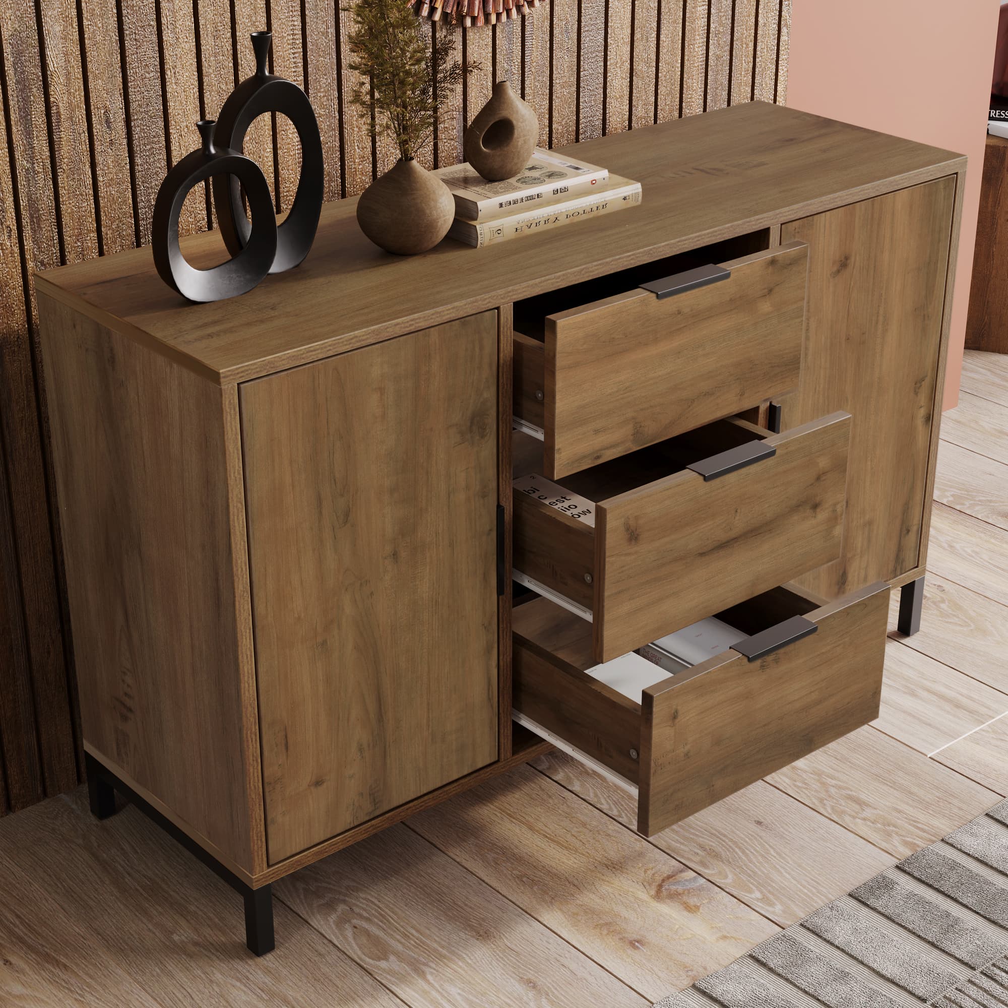 Transform Your Living Room with this Dark Oak Industrial Sideboard - Dark Oak