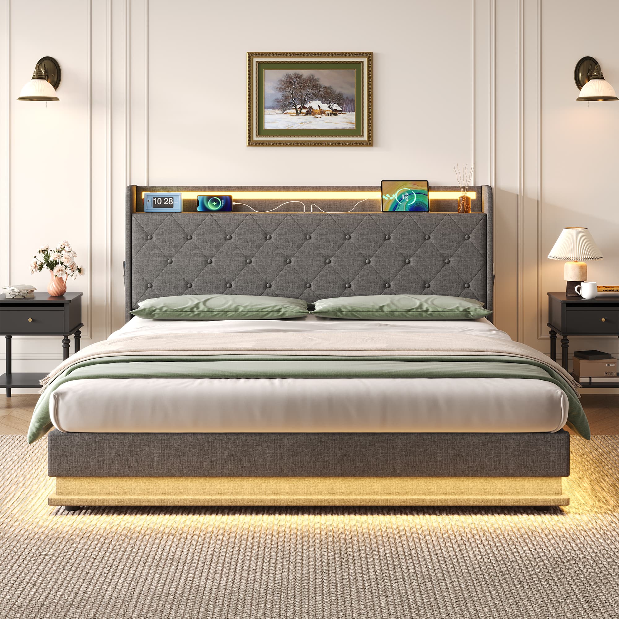 Effortless Storage: Grey Linen Double Ottoman Bed with LED - image 4