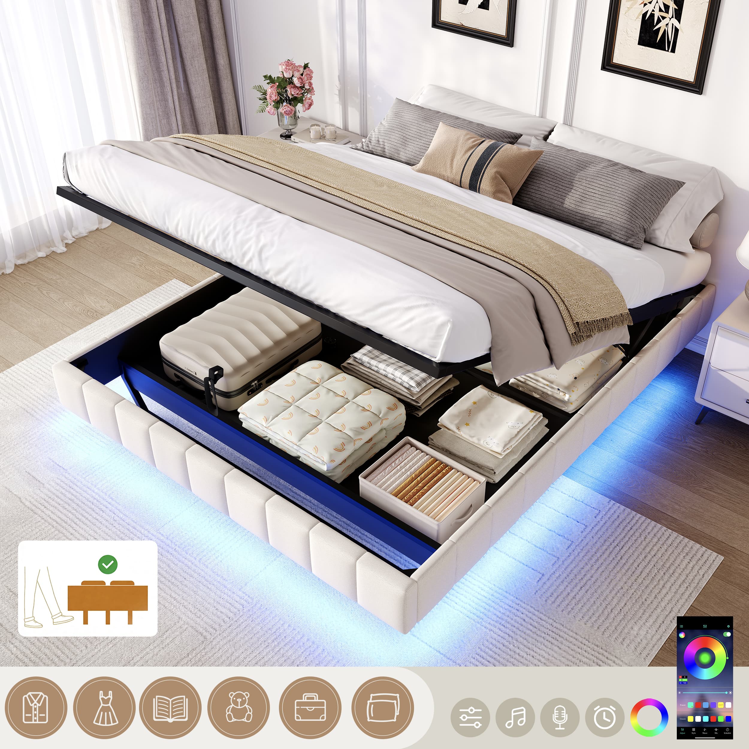 Transform Your Bedroom with this Floating Double Ottoman Bed - Beige