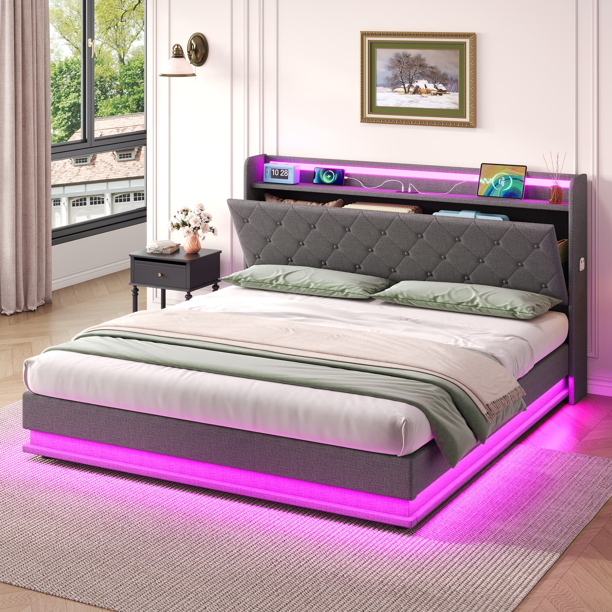 Effortless Storage: Grey Linen Double Ottoman Bed with LED - image 5
