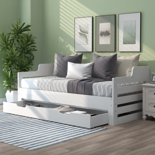 White Solid Wood Day Bed with Pull-Out Trundle and Storage Drawer - image 3