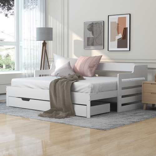 White Solid Wood Day Bed with Pull-Out Trundle and Storage Drawer - image 16