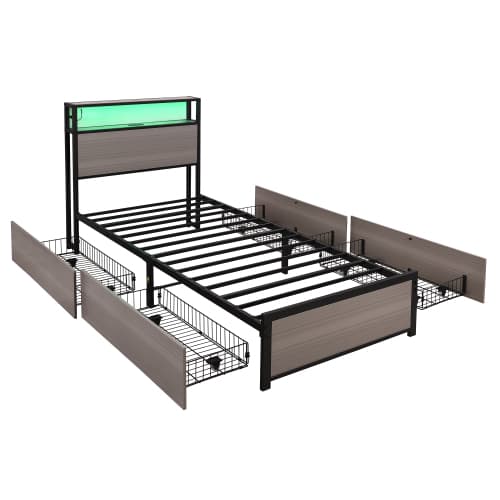 Modern Single Metal Bed with Storage, LED Lights & USB Charging Ports - image 5