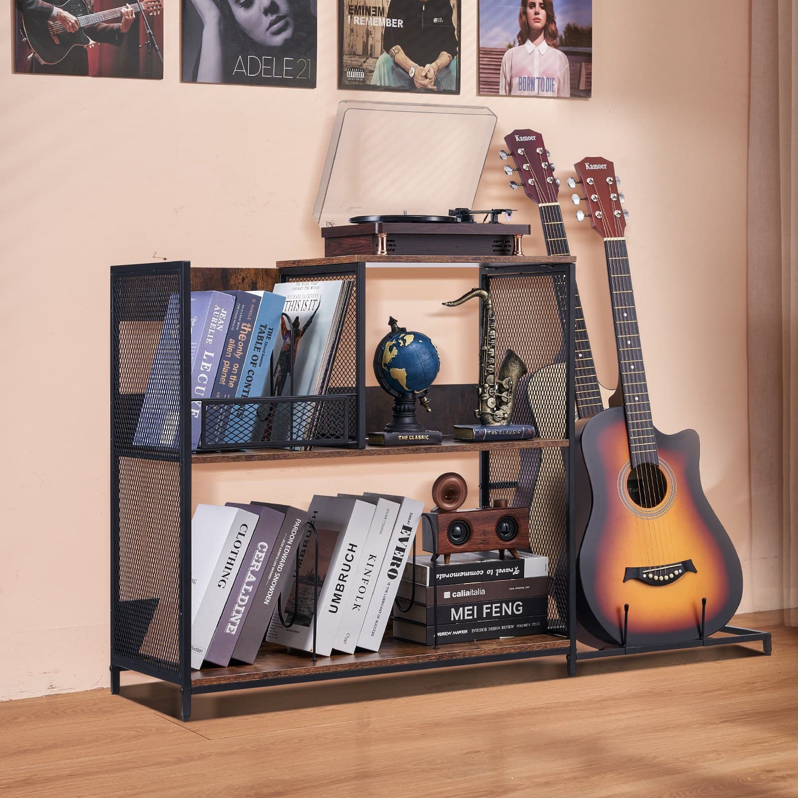 Record Player Stand for Turntables, Vinyl & 2 Guitars | Vintage Style - image 9