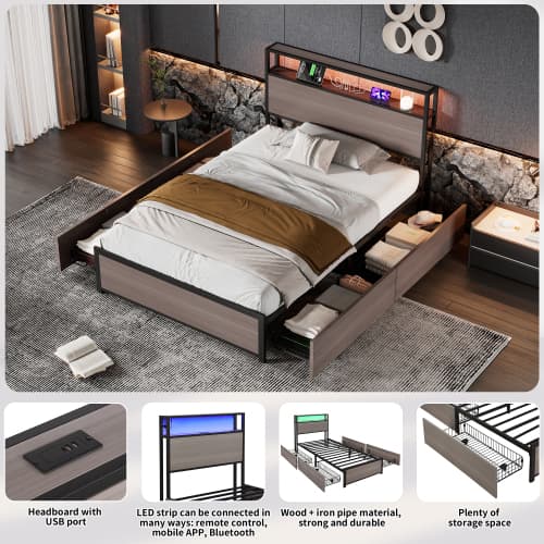 Modern Single Metal Bed with Storage, LED Lights & USB Charging Ports - image 10