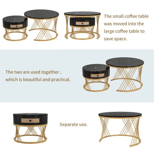 Set of 2 Round Nesting Coffee Tables with Gold Legs & Storage - image 25