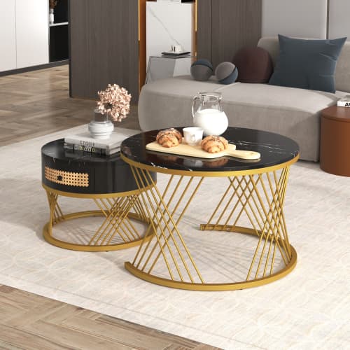 Set of 2 Round Nesting Coffee Tables with Gold Legs & Storage - image 17