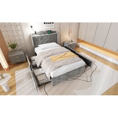 Grey Velvet Single Bed with Smart Storage & USB Charging - image 24
