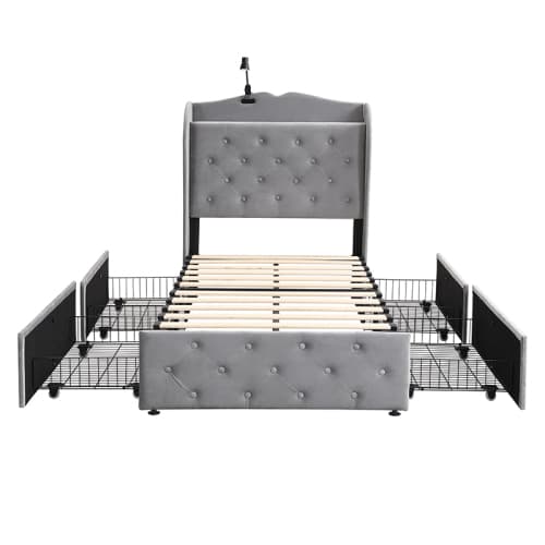 Grey Velvet Single Bed with Smart Storage & USB Charging - image 9