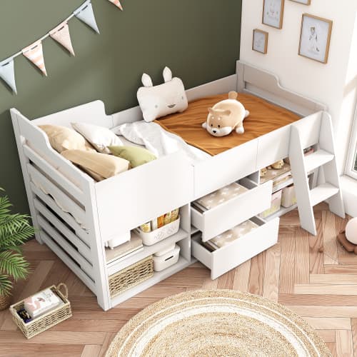 Children's White Mid Sleeper Bed with Drawers & Shelves - image 25