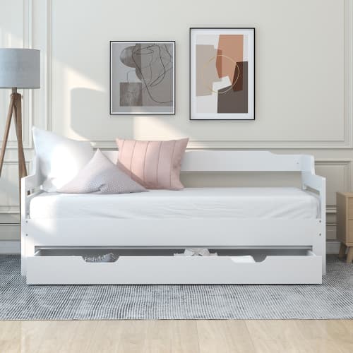 White Solid Wood Day Bed with Pull-Out Trundle and Storage Drawer - image 17
