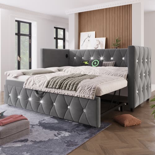 Upholstered Single Day Bed with Pull-Out Trundle and USB Charging - image 5