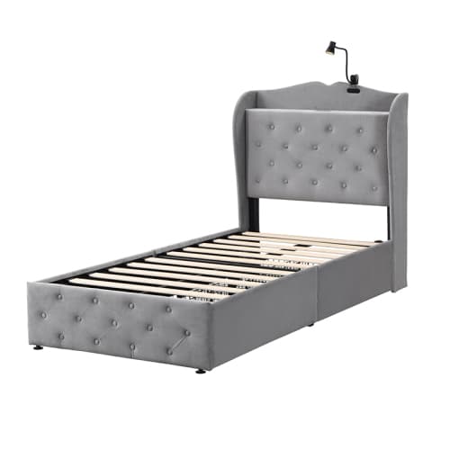 Grey Velvet Single Bed with Smart Storage & USB Charging - image 11