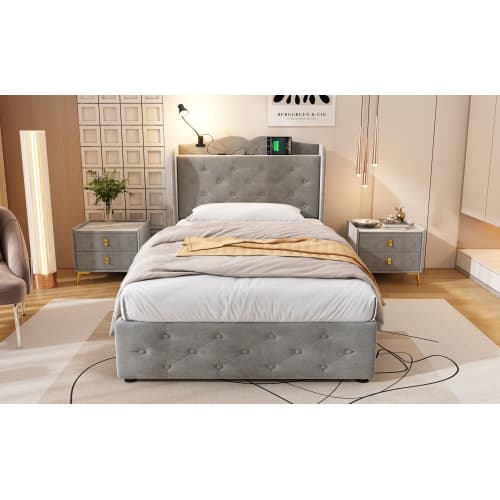 Grey Velvet Single Bed with Smart Storage & USB Charging - image 20