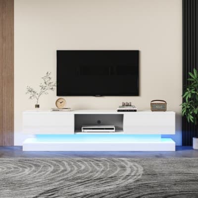 Modern TV Unit with LED Lighting, 2 Drawers & Open Shelf - White
