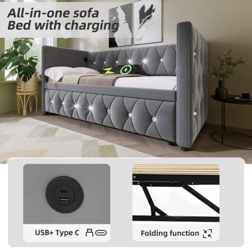 Upholstered Single Day Bed with Pull-Out Trundle and USB Charging - image 20