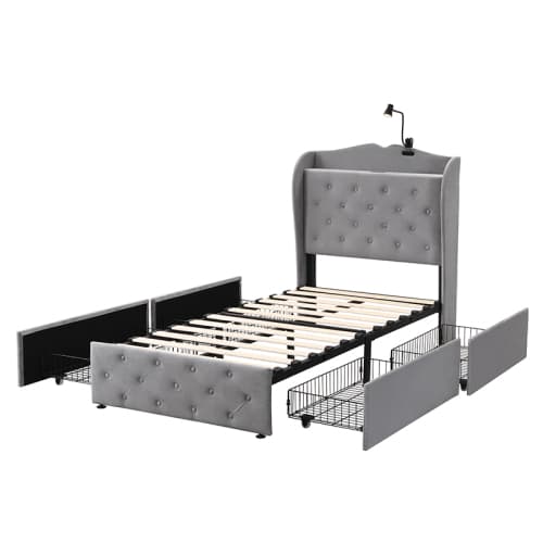 Grey Velvet Single Bed with Smart Storage & USB Charging - image 18
