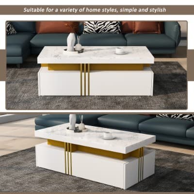 Modern White Coffee Table with Marble Effect Top and 2 Drawers - image 5