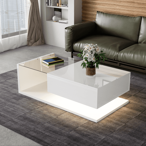 Modern High Gloss Coffee Table with 16-Colour LED Lighting - White
