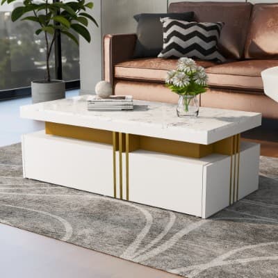 Modern White Coffee Table with Marble Effect Top and 2 Drawers - image 10