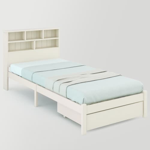 White Wooden Single Bed Frame with Storage Drawer & Shelves - White