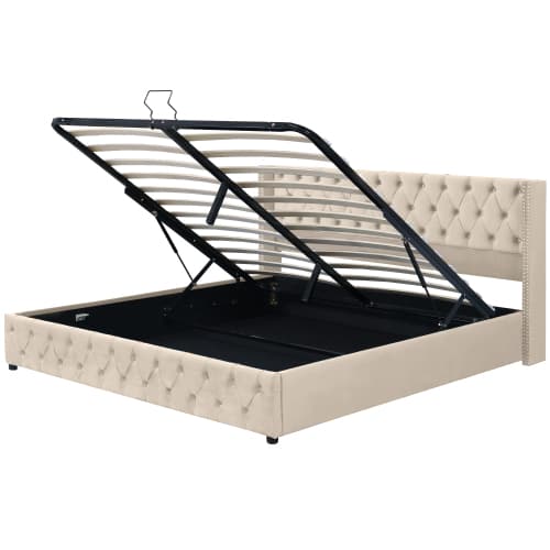 Upholstered King Size Ottoman Bed in Beige Velvet - image 1