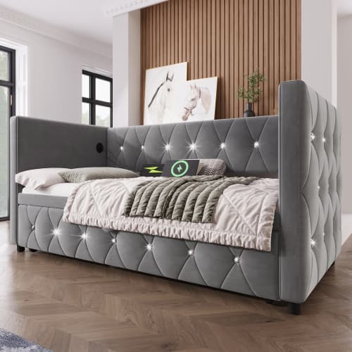 Upholstered Single Day Bed with Pull-Out Trundle and USB Charging - image 15