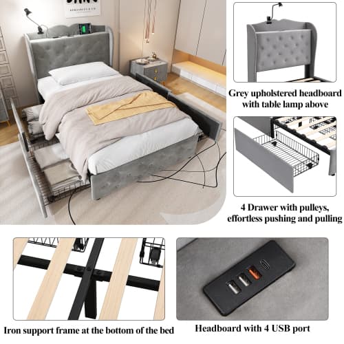 Grey Velvet Single Bed with Smart Storage & USB Charging - image 5