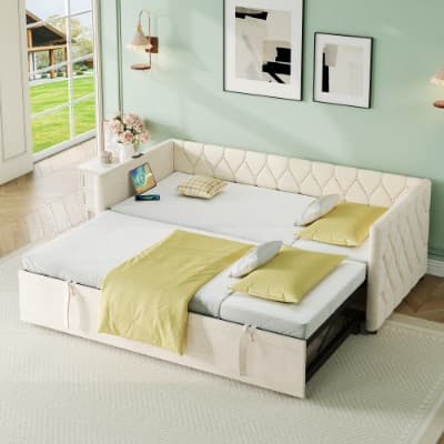 Button-Tufted Day Bed with Pull-Out Trundle and Charging Station